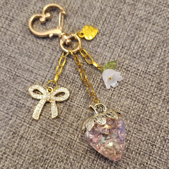 Gold and Pink Strawberry Bag Charm Keychain - Picture 3 of 4